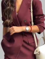 Burgundy Women's Double-Breasted Blazer – Long Sleeve Office Wear