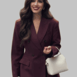 Burgundy Women's Double-Breasted Blazer – Long Sleeve Office Wear