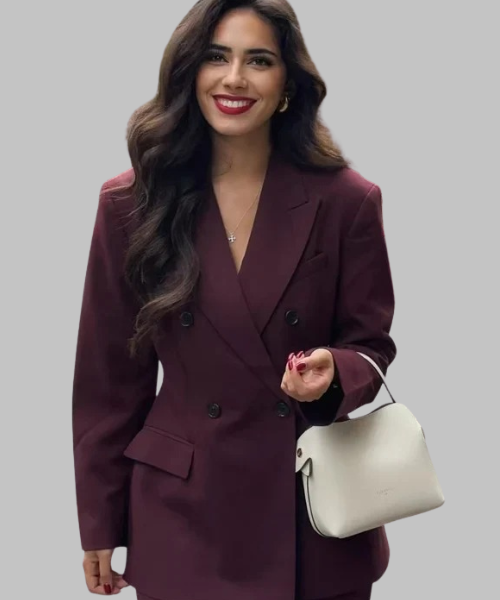 Burgundy Women's Double-Breasted Blazer – Long Sleeve Office Wear