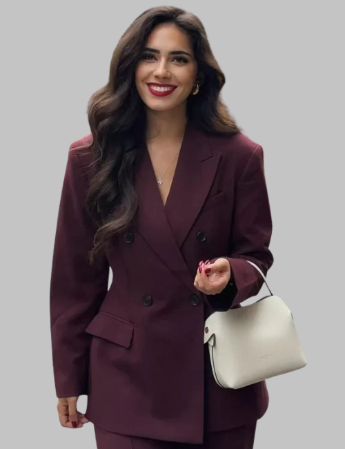 Burgundy Women's Double-Breasted Blazer – Long Sleeve Office Wear