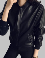 College Collar Faux Leather Bomber Jacket