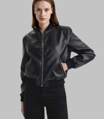 College Collar Faux Leather Bomber Jacket