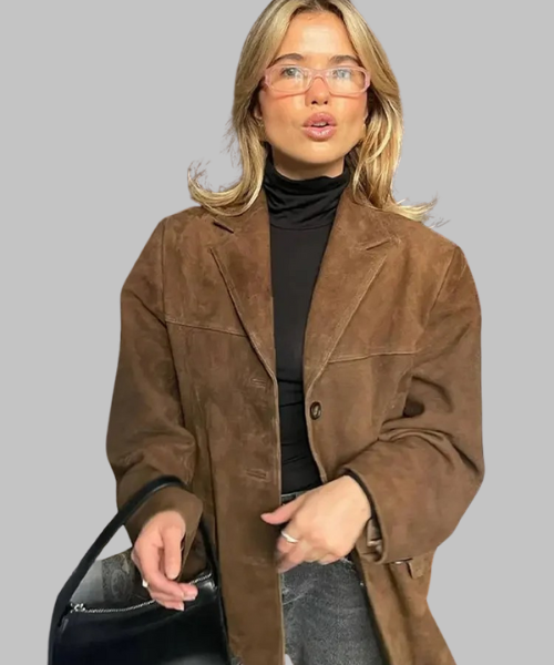 Faux Suede Blazer with Button Down and Lapel Design