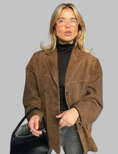 Faux Suede Blazer with Button Down and Lapel Design