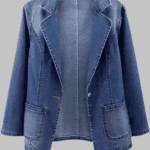 Full Sleeve Blue Denim Down Collar Jacket For Women