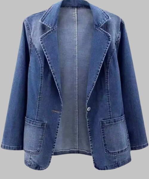 Full Sleeve Blue Denim Down Collar Jacket For Women
