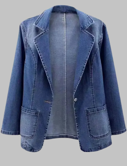 Full Sleeve Blue Denim Down Collar Jacket For Women