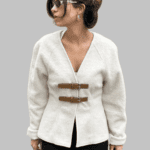 V Neck Long Sleeve Woolen Jacket With Buckle