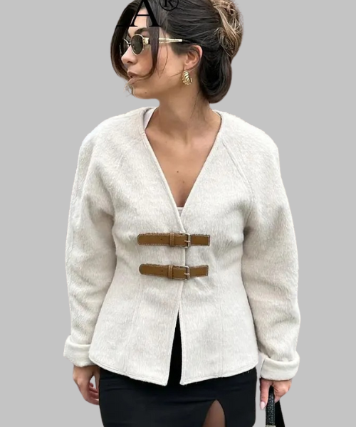 V Neck Long Sleeve Woolen Jacket With Buckle