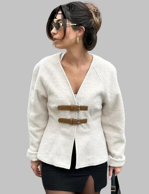 V Neck Long Sleeve Woolen Jacket With Buckle