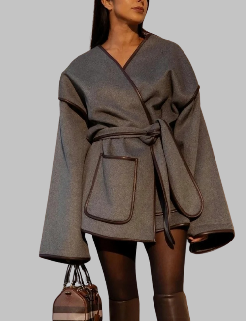 Vintage Grey Women's Casual Loose V-neck Cardigan Coat with Belt