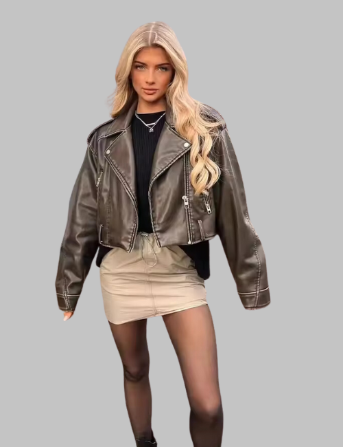 Vintage Turn-Down Collar Gradient Zipper Leather Jacket