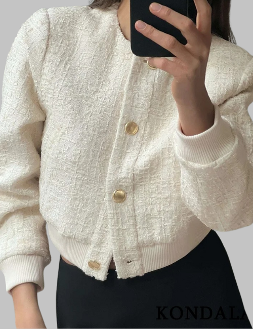 Women's Beige Twist Bomber Jacket – Long Sleeve Button-Up Spring Coat