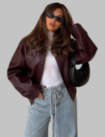 Women's PU Leather Crop Jacket With Zipper & Long Sleeve