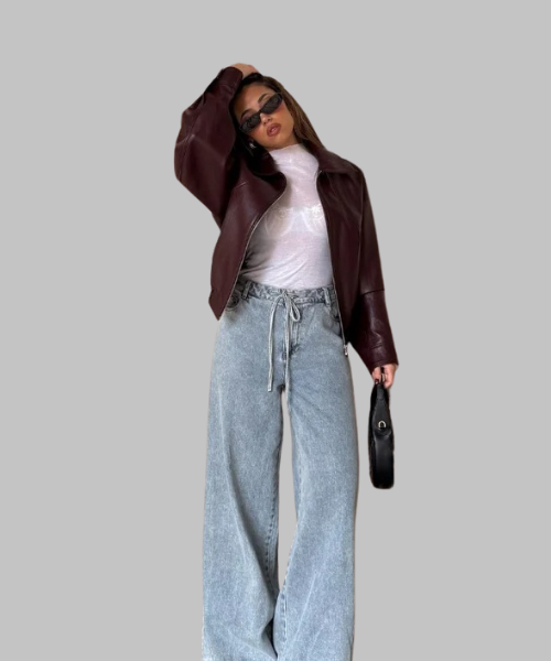 Women's PU Leather Crop Jacket With Zipper & Long Sleeve