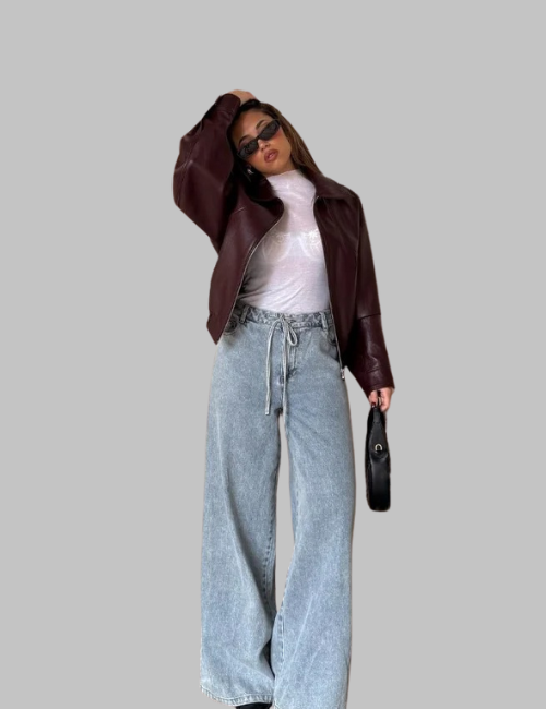 Women's PU Leather Crop Jacket With Zipper & Long Sleeve