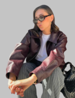 Women's PU Leather Crop Jacket With Zipper & Long Sleeve