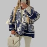 Women's Printed Jacket, Retro Print Contrast Jacket, Long Sleeve Casual Cardigan, Female Outerwear, Stylish Layering Jacket