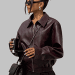 Women Vintage Solid Color Lapel Zipper Leather Jacket