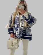 Women's Printed Jacket, Retro Print Contrast Jacket, Long Sleeve Casual Cardigan, Female Outerwear, Stylish Layering Jacket