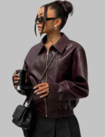 Women Vintage Solid Color Lapel Zipper Leather Jacket