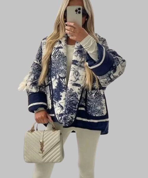 Women's Printed Jacket, Retro Print Contrast Jacket, Long Sleeve Casual Cardigan, Female Outerwear, Stylish Layering Jacket