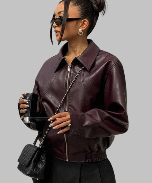 Women Vintage Solid Color Lapel Zipper Leather Jacket