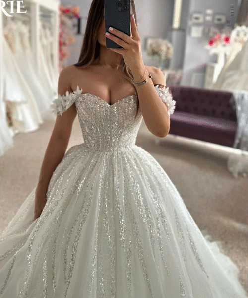 Vintage glitter wedding dress, applique bridal gown, A-line off-shoulder wedding gown, sweetheart neckline bride dress, sparkly princess wedding dress