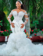 African wedding dress, luxury mermaid bridal gown, crystal beaded wedding dress, illusion sleeve wedding dress, ruffled train bridal gown