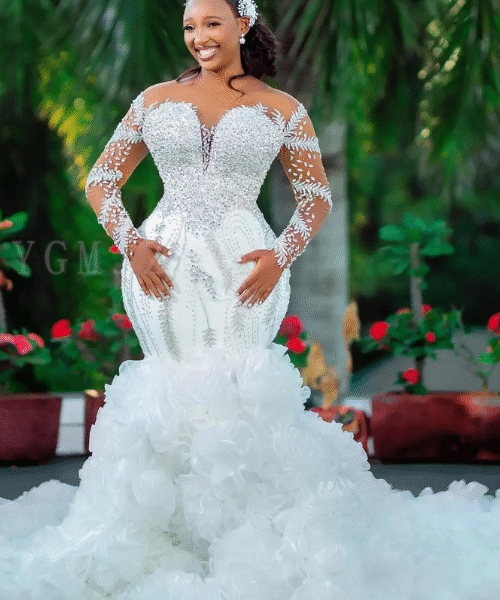 African wedding dress, luxury mermaid bridal gown, crystal beaded wedding dress, illusion sleeve wedding dress, ruffled train bridal gown