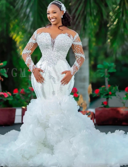 African wedding dress, luxury mermaid bridal gown, crystal beaded wedding dress, illusion sleeve wedding dress, ruffled train bridal gown