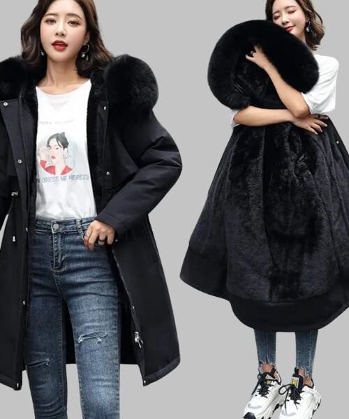 Women’s hooded parka jacket, Warm lined parka jacket for women, Long sleeve fur collar parka jacket, Autumn winter fashion jacket for women