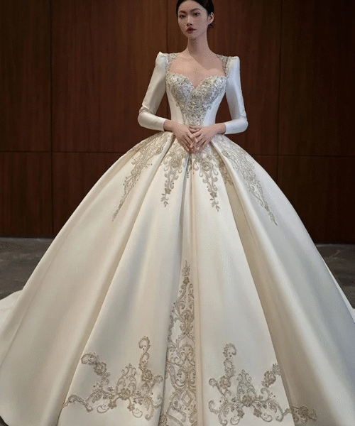 Satin wedding dress, court style bridal gown, ball gown wedding dress, long sleeve wedding dress, plus size bridal gown