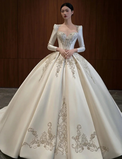 Satin wedding dress, court style bridal gown, ball gown wedding dress, long sleeve wedding dress, plus size bridal gown