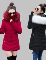 Winter women jacket with faux fur hood, Hooded winter parka for women, women's cotton padded winter jacket, Warm hooded winter jacket for women