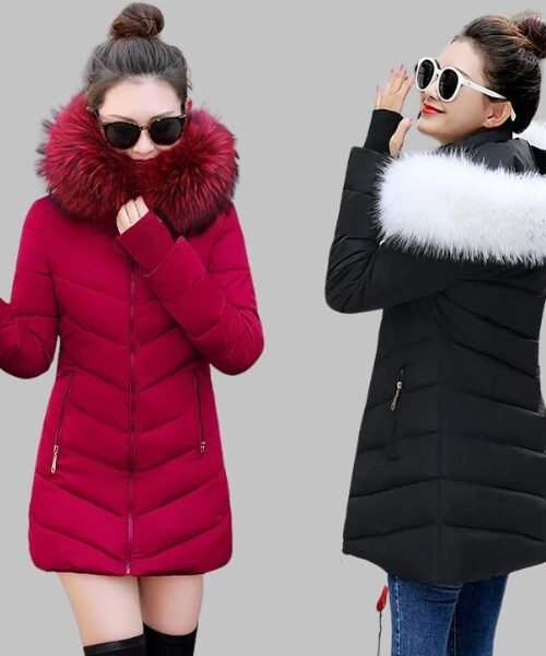 Winter women jacket with faux fur hood, Hooded winter parka for women, women's cotton padded winter jacket, Warm hooded winter jacket for women