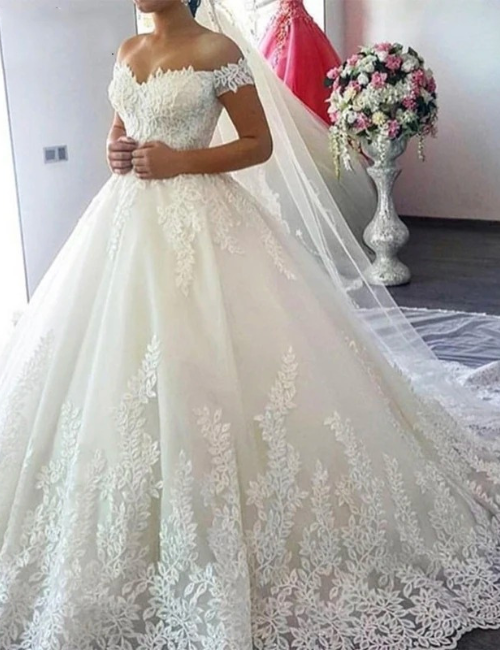 plus size off the shoulder wedding dress, sequin bridal gown, lace applique wedding gown, floor-length bridal dress, plus size wedding gown
