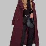 burgundy trench coat for women, double-breasted trenc coat, faux woolen trench coat, women long trench coat