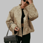 Gold Sequin Jacket for Women, Shiny Sequin Party Jacket, Short Stand Collar Sequin Jacket, Ladies High Streetwear Jacket, Glamorous Gold Jacket