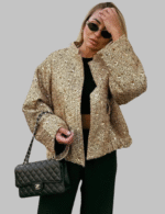 Gold sequin jacket for women front view Shiny gold jacket stand collar Sequin party jacket women back view
