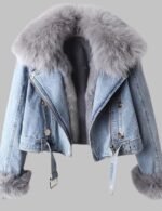 Women's Faux Fur Lined Denim Jacket, Cropped Denim Jacket for Women, Winter Jacket for Women, Women's Denim Jacket