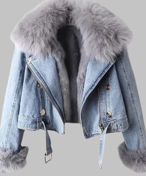 Women's Faux Fur Lined Denim Jacket, Cropped Denim Jacket for Women, Winter Jacket for Women, Women's Denim Jacket
