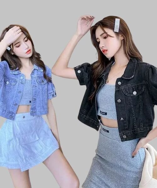 Cropped Denim Jacket Women, Stylish Turndown Collar Jean Jacket, Cropped Denim Outerwear, Women’s Short Sleeve Denim Jacket