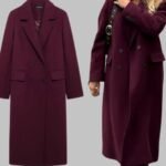 women’s winter wool overcoat, women’s double breasted overcoat, burgundy wool overcoat for women, high street long sleeve overcoat