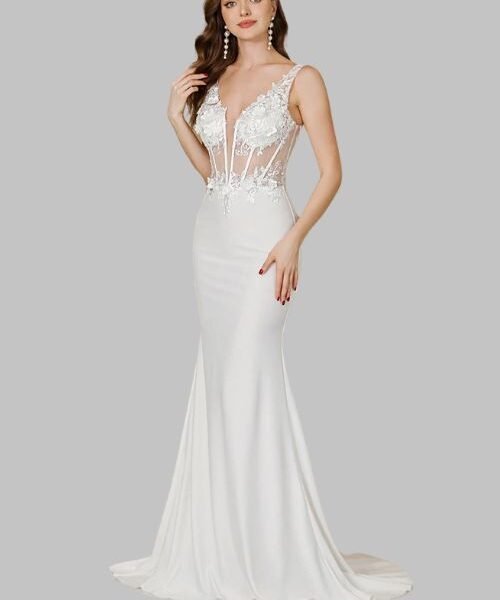 Elegant white mermaid wedding dress, Backless V-neck white bridal gown, Sleeveless lace wedding dress with pearl, White formal bridal gown for women