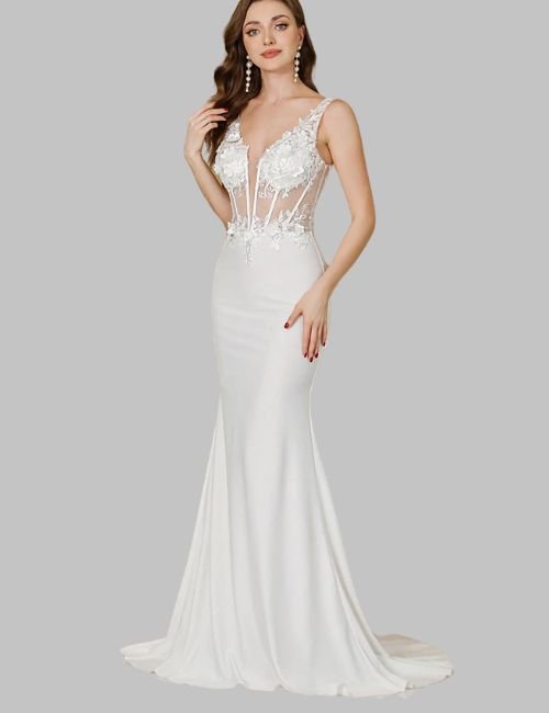 Elegant white mermaid wedding dress, Backless V-neck white bridal gown, Sleeveless lace wedding dress with pearl, White formal bridal gown for women
