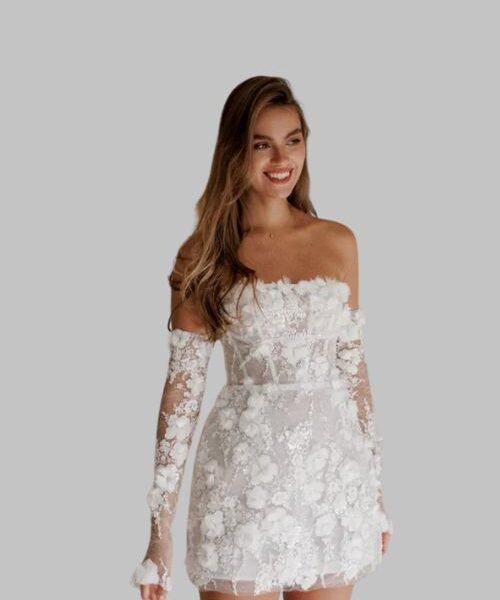 Strapless beaded wedding dress, Elegant beaded wedding gown, Thigh-length strapless wedding dress, Modern strapless wedding dress