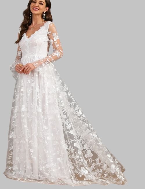Elegant autumn wedding dress for women, long sleeve solid color bridal gown, elegant fall wedding dress, Formal women’s wedding dress
