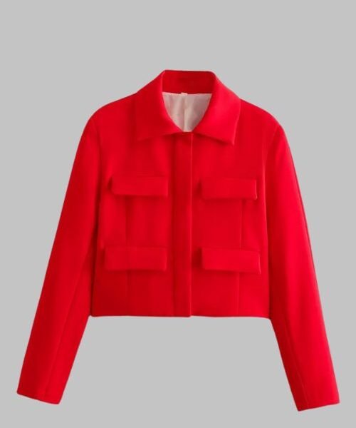 Slim fit spring jacket for women Cropped spring coat back view Elegant long sleeve jacket outfit