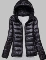 Lightweight women's puffer jacket front view Spring autumn puffer jacket for women Stylish lightweight jacket for women in beige Fashionable puffer coat for women side view